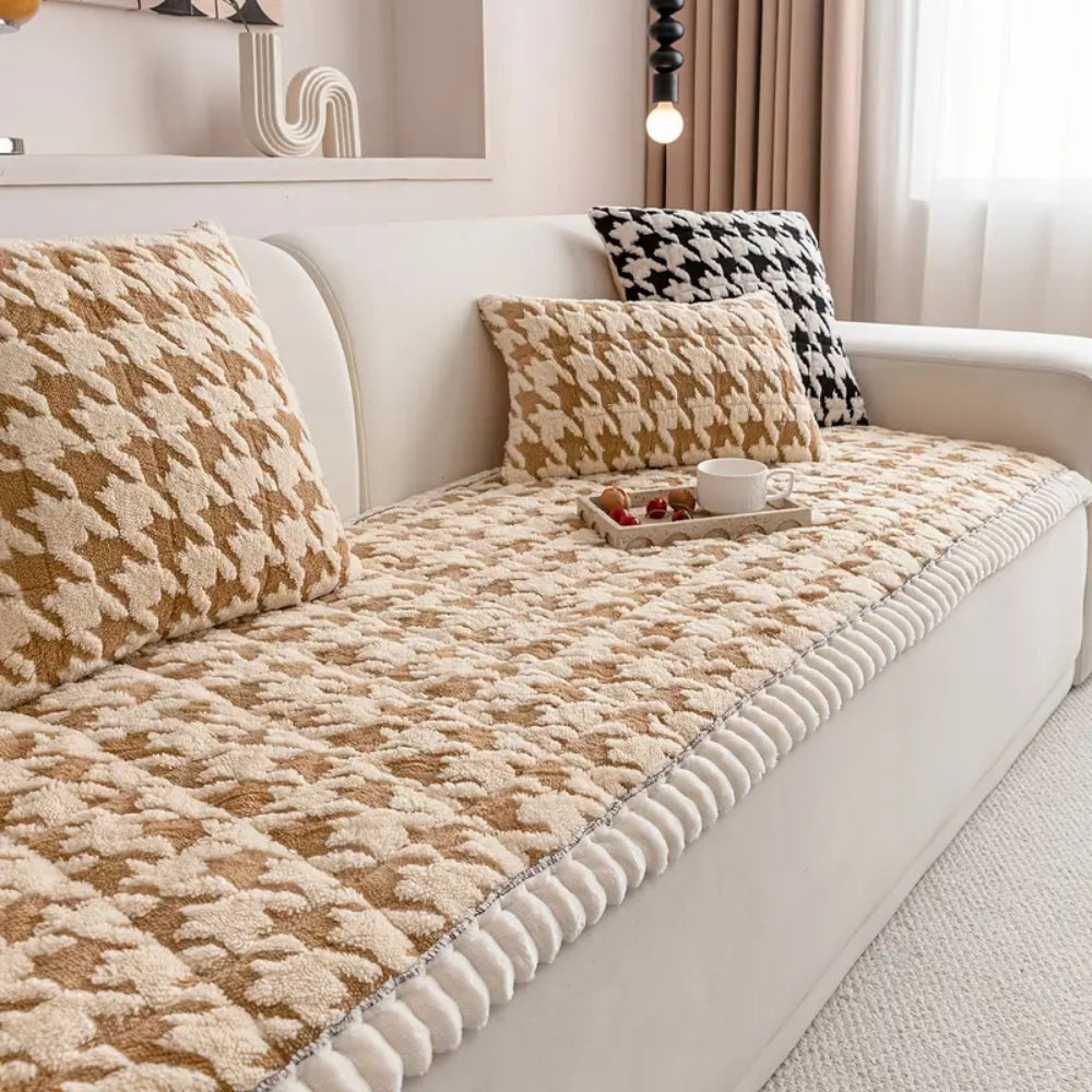 Kolorowy Pluszowy Pokrowiec na Sofę w Wzór Houndstooth i Pokrowiec na Poduszkę
