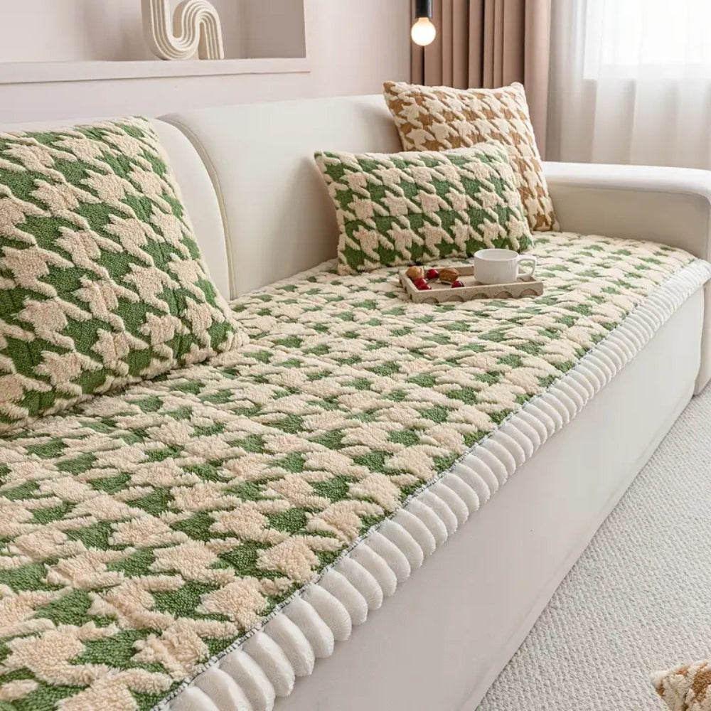 Kolorowy Pluszowy Pokrowiec na Sofę w Wzór Houndstooth i Pokrowiec na Poduszkę