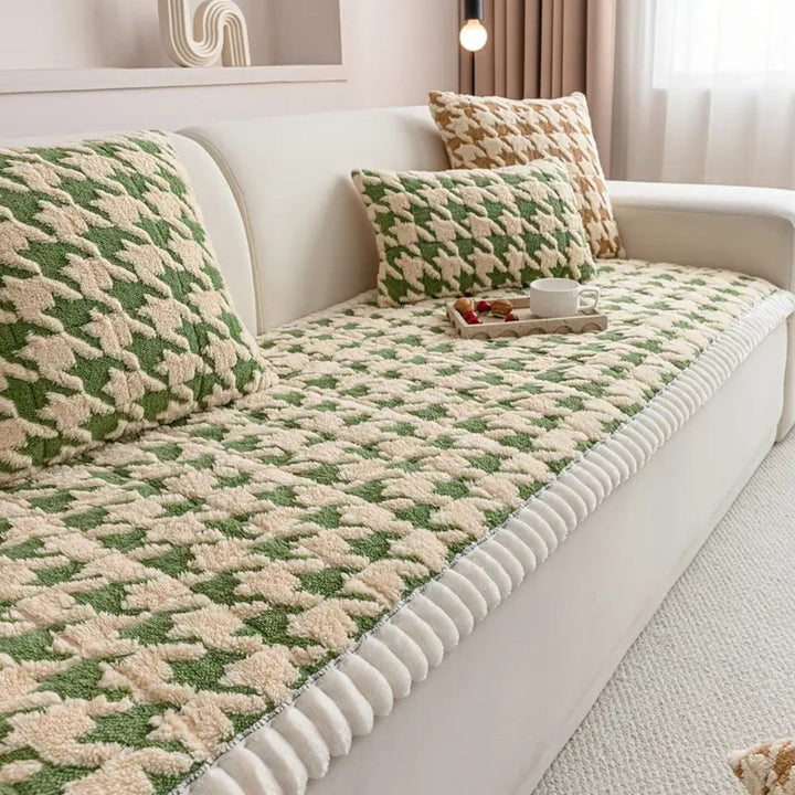 Kolorowy Pluszowy Pokrowiec na Sofę w Wzór Houndstooth i Pokrowiec na Poduszkę