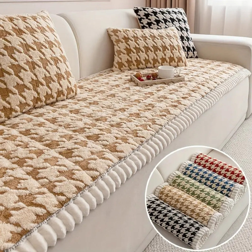 Kolorowy Pluszowy Pokrowiec na Sofę w Wzór Houndstooth i Pokrowiec na Poduszkę