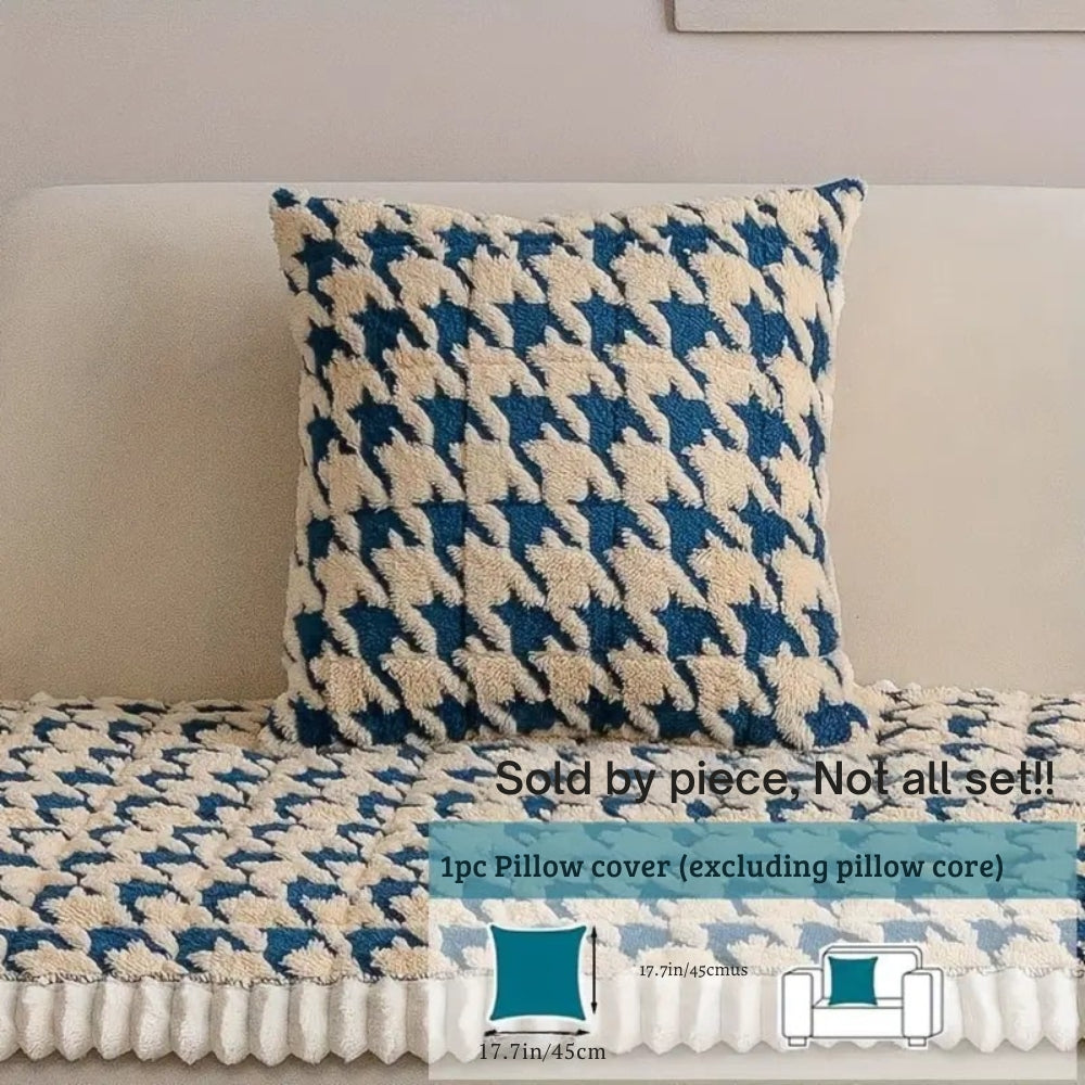 Kolorowy Pluszowy Pokrowiec na Sofę w Wzór Houndstooth i Pokrowiec na Poduszkę