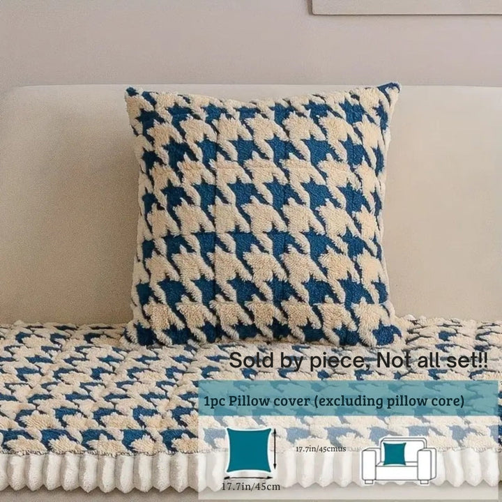 Kolorowy Pluszowy Pokrowiec na Sofę w Wzór Houndstooth i Pokrowiec na Poduszkę