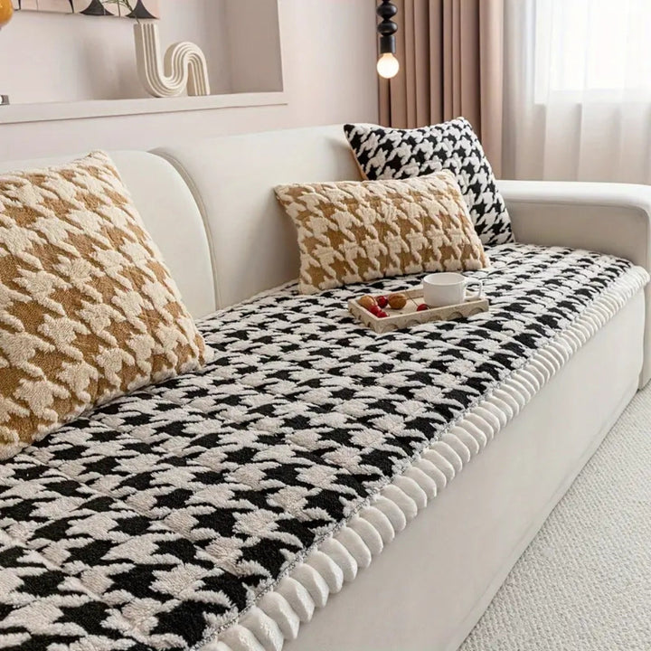 Kolorowy Pluszowy Pokrowiec na Sofę w Wzór Houndstooth i Pokrowiec na Poduszkę