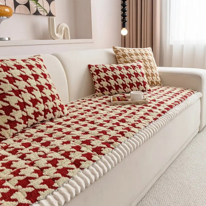 Kolorowy Pluszowy Pokrowiec na Sofę w Wzór Houndstooth i Pokrowiec na Poduszkę