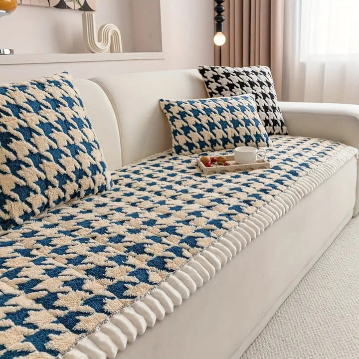 Kolorowy Pluszowy Pokrowiec na Sofę w Wzór Houndstooth i Pokrowiec na Poduszkę