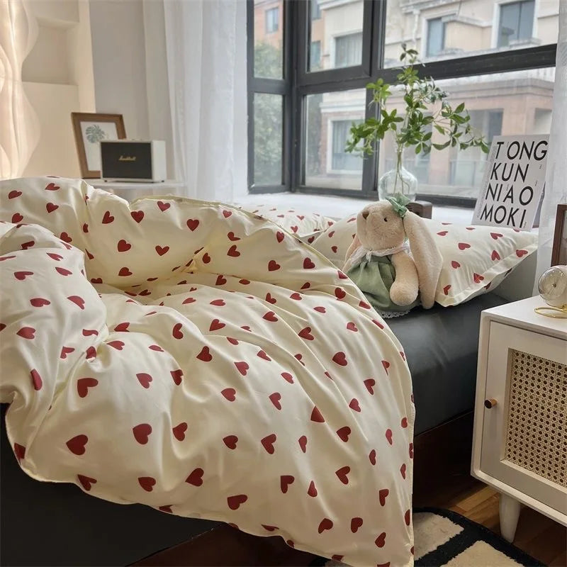 CozyLove | Zestaw poszewek na kołdry Twin, Full i Queen – Miękka pościel w stylu koreańskim z motywem serca