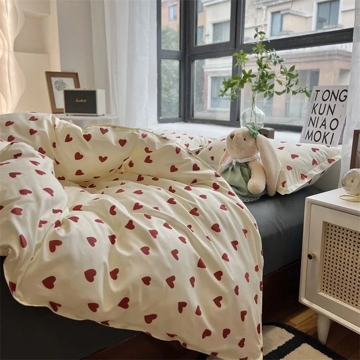 CozyLove | Zestaw poszewek na kołdry Twin, Full i Queen – Miękka pościel w stylu koreańskim z motywem serca