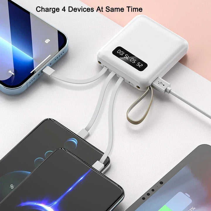 Mini Powerbank z Lustrzanym Wyświetlaczem | 20 000 mAh | Funkcja Szybkiego Ładowania i Zintegrowane Kable | Dla iPhone, Samsung, Xiaomi i innych