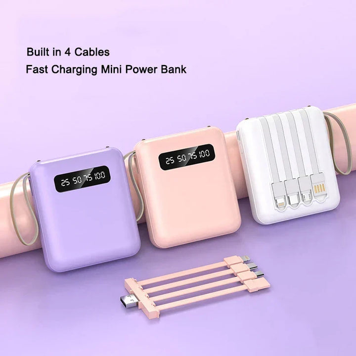 Mini Powerbank z Lustrzanym Wyświetlaczem | 20 000 mAh | Funkcja Szybkiego Ładowania i Zintegrowane Kable | Dla iPhone, Samsung, Xiaomi i innych