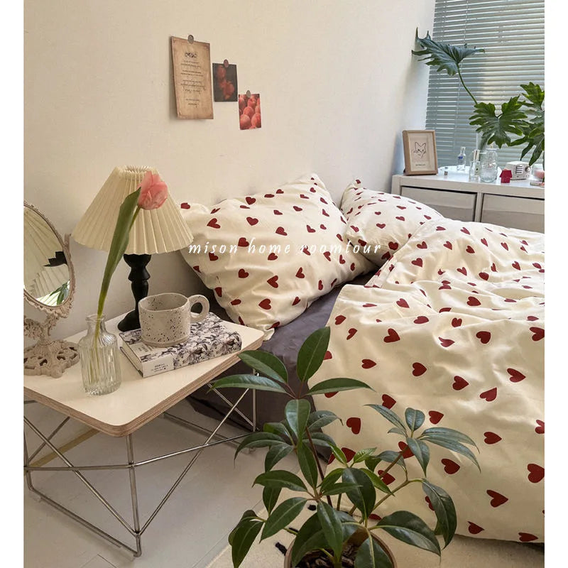 CozyLove | Zestaw poszewek na kołdry Twin, Full i Queen – Miękka pościel w stylu koreańskim z motywem serca