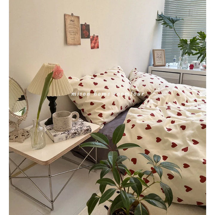 CozyLove | Zestaw poszewek na kołdry Twin, Full i Queen – Miękka pościel w stylu koreańskim z motywem serca