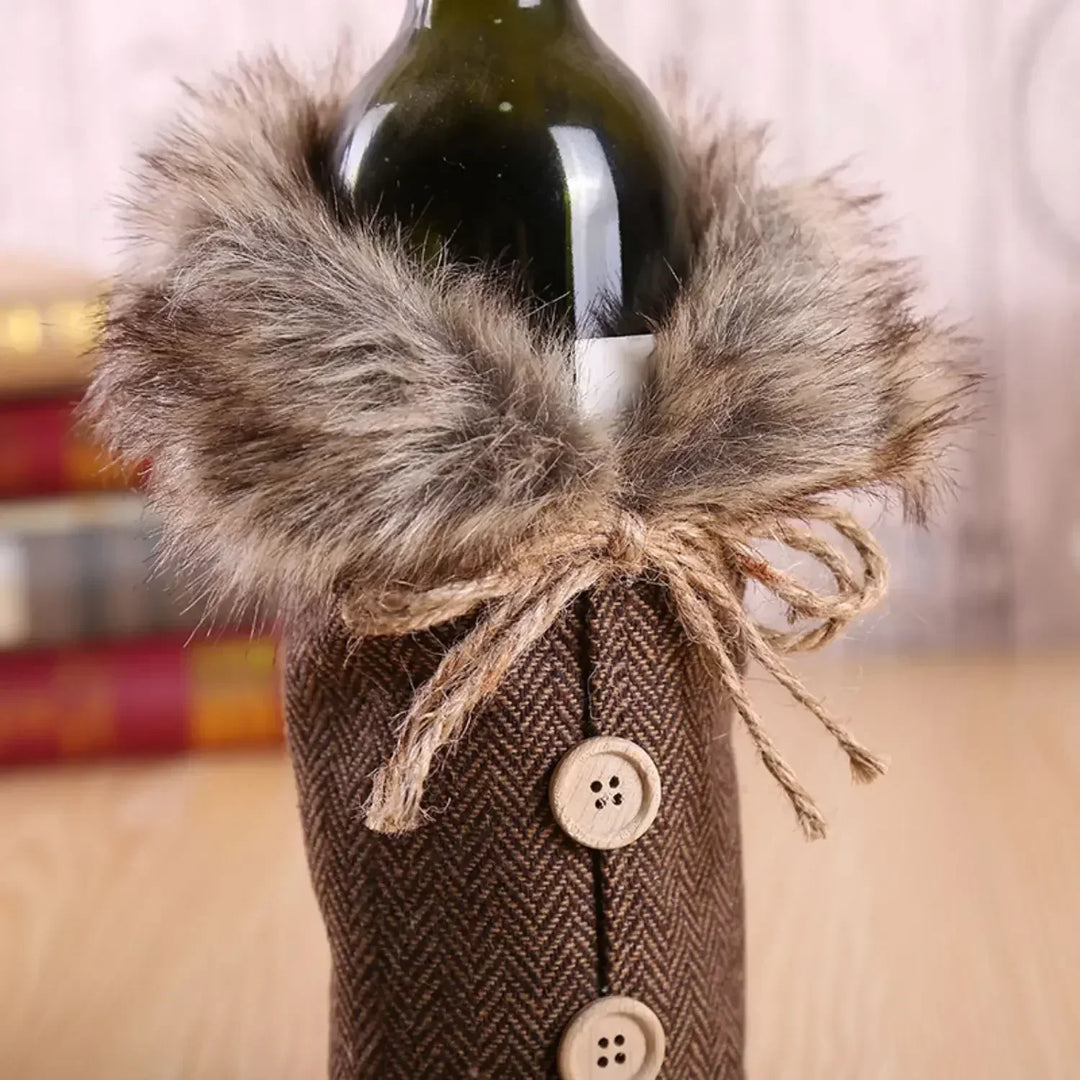 Świąteczny pokrowiec na butelkę z futrzanym kołnierzem – elegancki pokrowiec na butelki wina, dekoracja gnomów na Boże Narodzenie, idealny jako opakowanie na prezent |