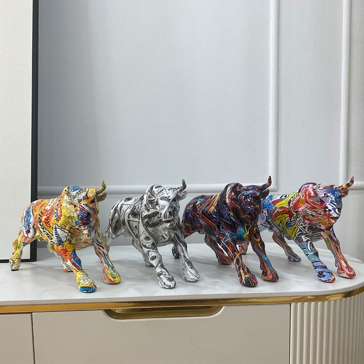 Figurki Byków z Żywicy w Stylu Graffiti do Salonu, Sypialni, Biura, na Biurko, Feng Shui, Kolekcja, Statuy