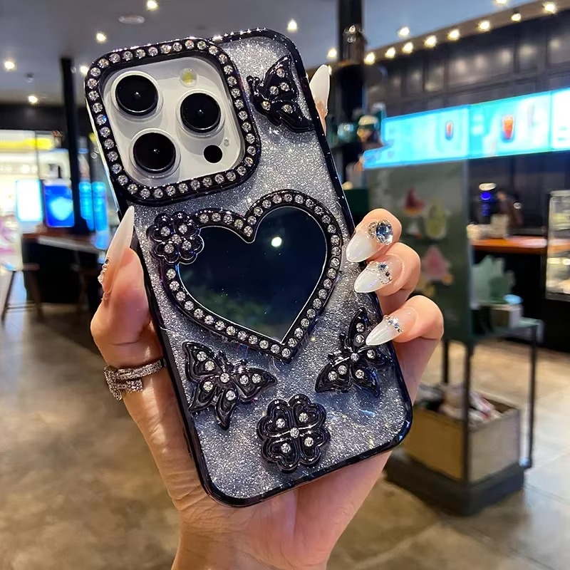 Etui z brokatem w kształcie motyla i lustrem dla iPhone&