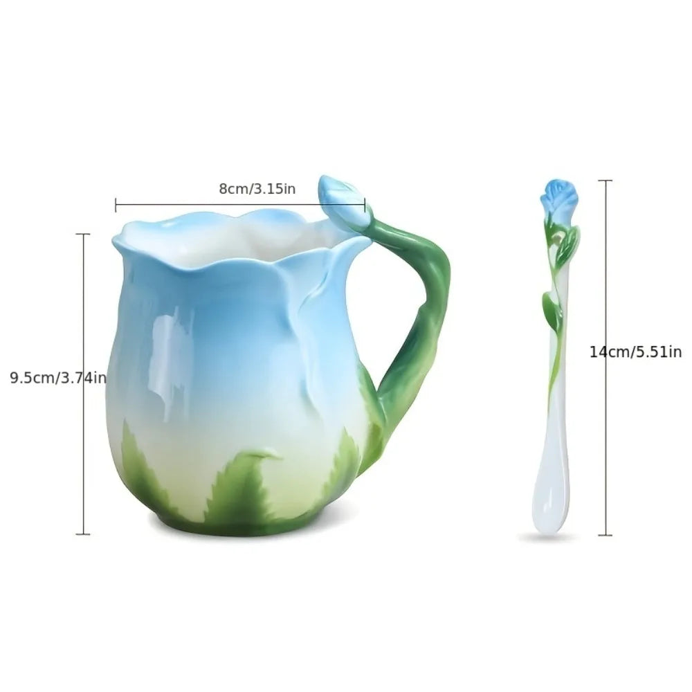 3D Różowa Kwiatowa Filiżanka Ceramiczna Kubek Do Kawy Urocze Estetyczne Kubki Wodoodporne z Łyżeczką Letnie Zimowe Przybory do Picie Prezenty na Walentynki