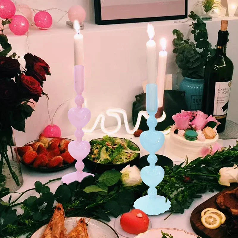 Retro Taper Candle Holder Czerwony Kształt Serca Szklany Świecznik Dekoracja Stołowa na Ślub Dom Party Wazon Szklany Dekoracja