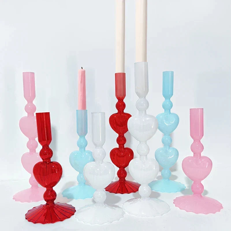 Retro Taper Candle Holder Czerwony Kształt Serca Szklany Świecznik Dekoracja Stołowa na Ślub Dom Party Wazon Szklany Dekoracja