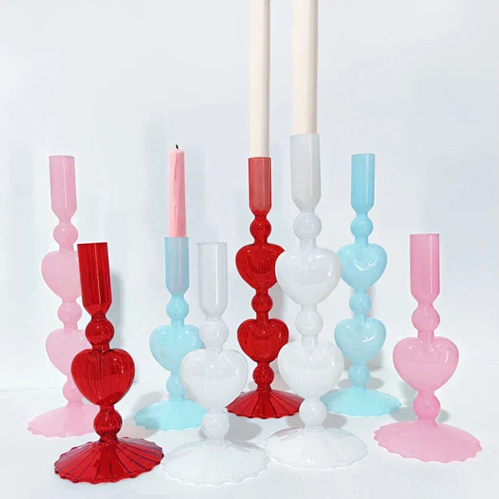 Retro Taper Candle Holder Czerwony Kształt Serca Szklany Świecznik Dekoracja Stołowa na Ślub Dom Party Wazon Szklany Dekoracja
