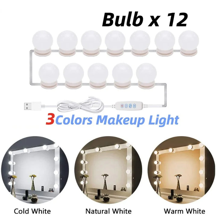 Glamora | Zestaw Oświetlenia LED do Lusterka Makijażowego | 10 Lamp w Stylu Hollywood | USB, Przyciemniane i 3 Tryby Kolorów
