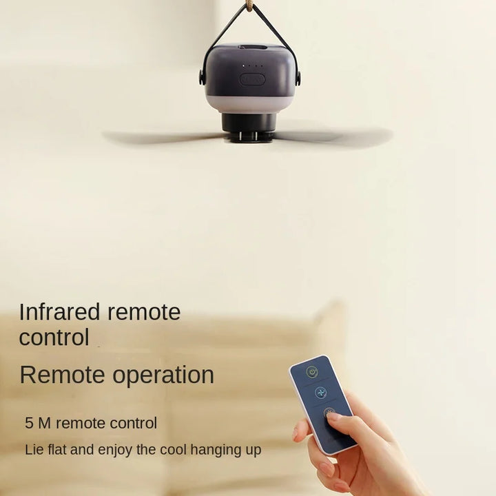Przenośny Bezprzewodowy Mini Wentylator Sufitowy – Wentylator USB z Pilotem, Stojak, Nocna Lampa do Domu, na Zewnątrz i Kemping |