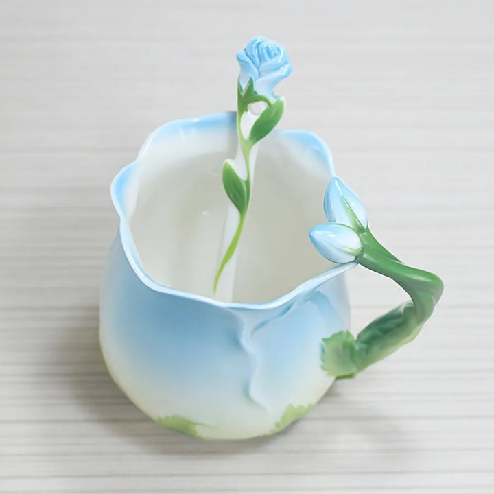 3D Różowa Kwiatowa Filiżanka Ceramiczna Kubek Do Kawy Urocze Estetyczne Kubki Wodoodporne z Łyżeczką Letnie Zimowe Przybory do Picie Prezenty na Walentynki