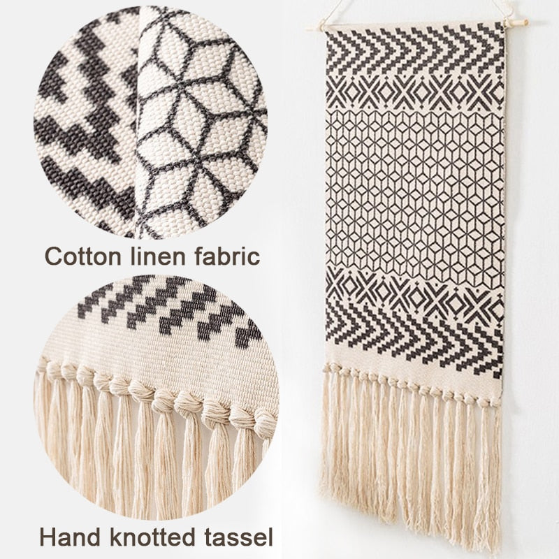 Boho Tkanina Ścienna, Makrama, Dekoracja Domu, Bawełnowy Frędzel, Ręcznie Wykonane, Tkane, Geometriczna Sztuka na Płótnie, Tkaniny na Tło