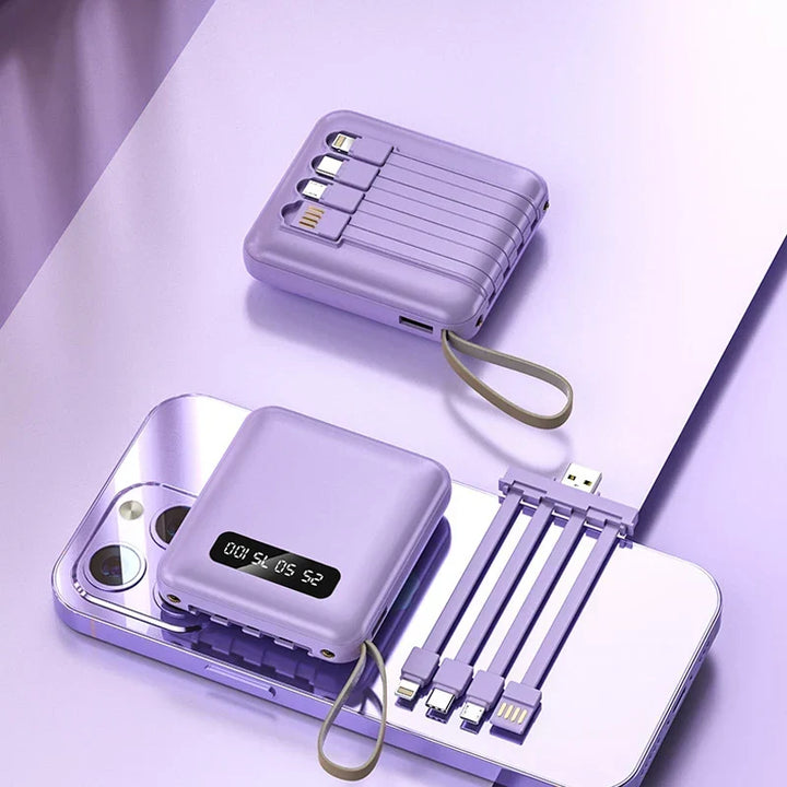 Mini Powerbank z Lustrzanym Wyświetlaczem | 20 000 mAh | Funkcja Szybkiego Ładowania i Zintegrowane Kable | Dla iPhone, Samsung, Xiaomi i innych