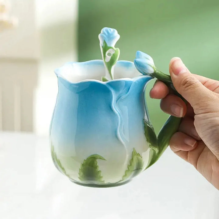 3D Różowa Kwiatowa Filiżanka Ceramiczna Kubek Do Kawy Urocze Estetyczne Kubki Wodoodporne z Łyżeczką Letnie Zimowe Przybory do Picie Prezenty na Walentynki