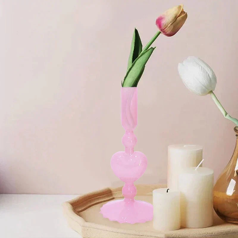 Retro Taper Candle Holder Czerwony Kształt Serca Szklany Świecznik Dekoracja Stołowa na Ślub Dom Party Wazon Szklany Dekoracja