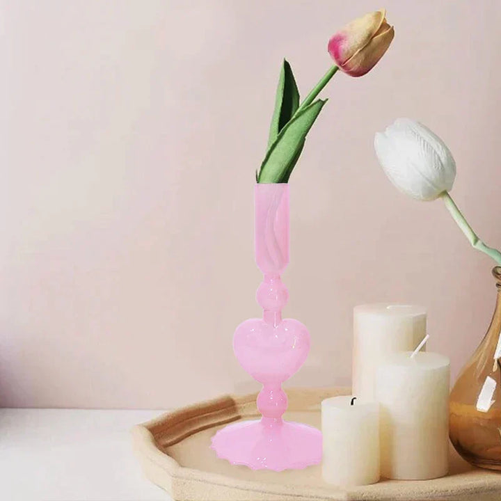Retro Taper Candle Holder Czerwony Kształt Serca Szklany Świecznik Dekoracja Stołowa na Ślub Dom Party Wazon Szklany Dekoracja