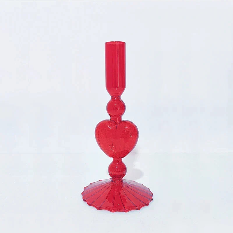 Retro Taper Candle Holder Czerwony Kształt Serca Szklany Świecznik Dekoracja Stołowa na Ślub Dom Party Wazon Szklany Dekoracja