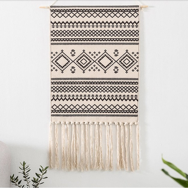Boho Tkanina Ścienna, Makrama, Dekoracja Domu, Bawełnowy Frędzel, Ręcznie Wykonane, Tkane, Geometriczna Sztuka na Płótnie, Tkaniny na Tło