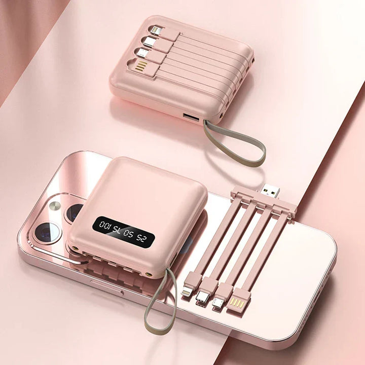 Mini Powerbank z Lustrzanym Wyświetlaczem | 20 000 mAh | Funkcja Szybkiego Ładowania i Zintegrowane Kable | Dla iPhone, Samsung, Xiaomi i innych