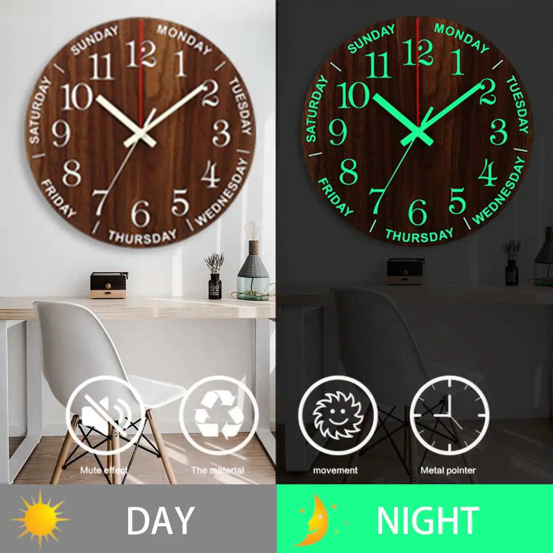 GlowClock – Luksusowy Drewniany Zegar Ścienny z Nocnym Światłem