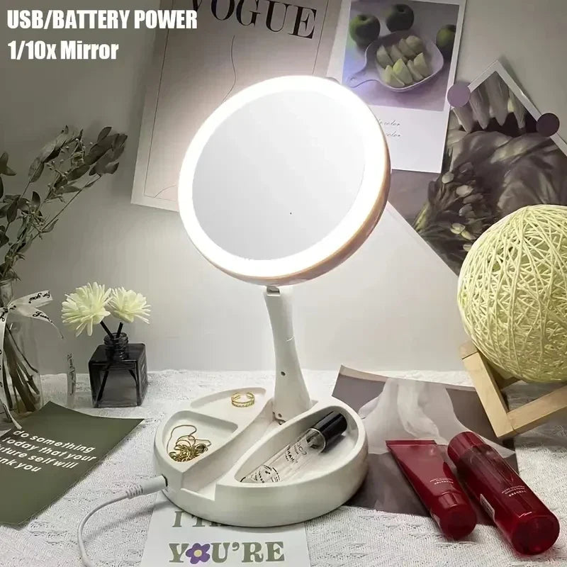 Lustro podróżne Glamora LED | Dwustronne i 10x powiększenie | Składane i przenośne | Z komorą na akcesoria