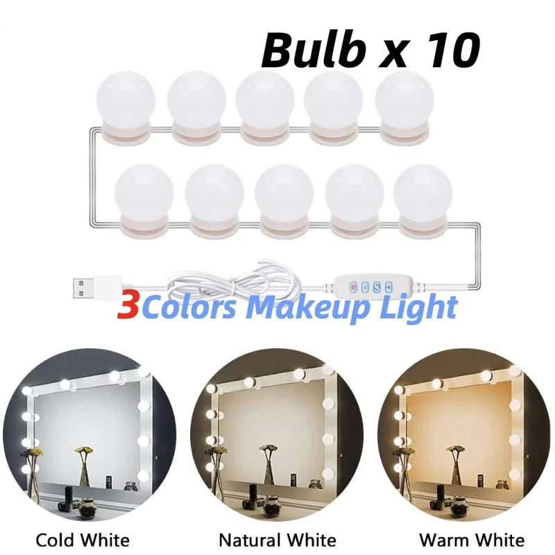 Glamora | Zestaw Oświetlenia LED do Lusterka Makijażowego | 10 Lamp w Stylu Hollywood | USB, Przyciemniane i 3 Tryby Kolorów