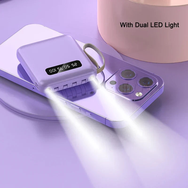 Mini Powerbank z Lustrzanym Wyświetlaczem | 20 000 mAh | Funkcja Szybkiego Ładowania i Zintegrowane Kable | Dla iPhone, Samsung, Xiaomi i innych