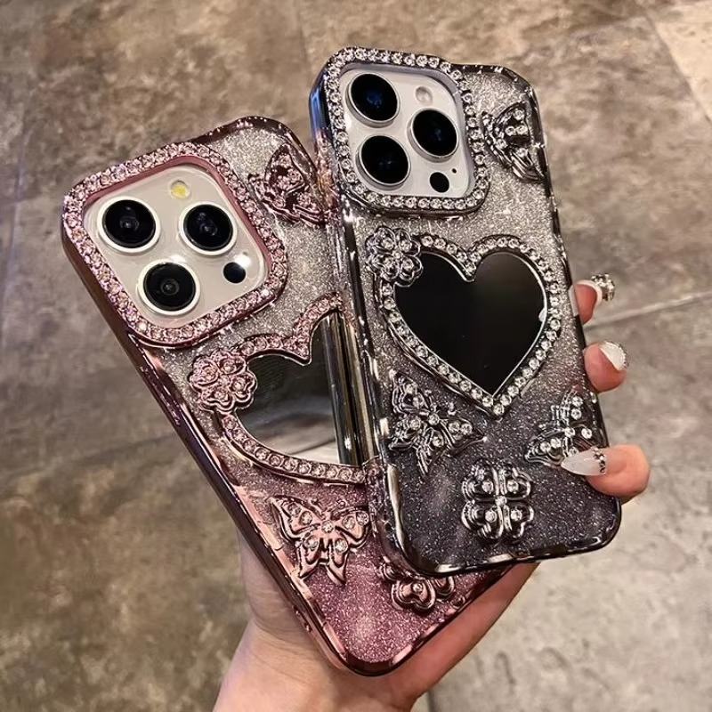 Etui z brokatem w kształcie motyla i lustrem dla iPhone&