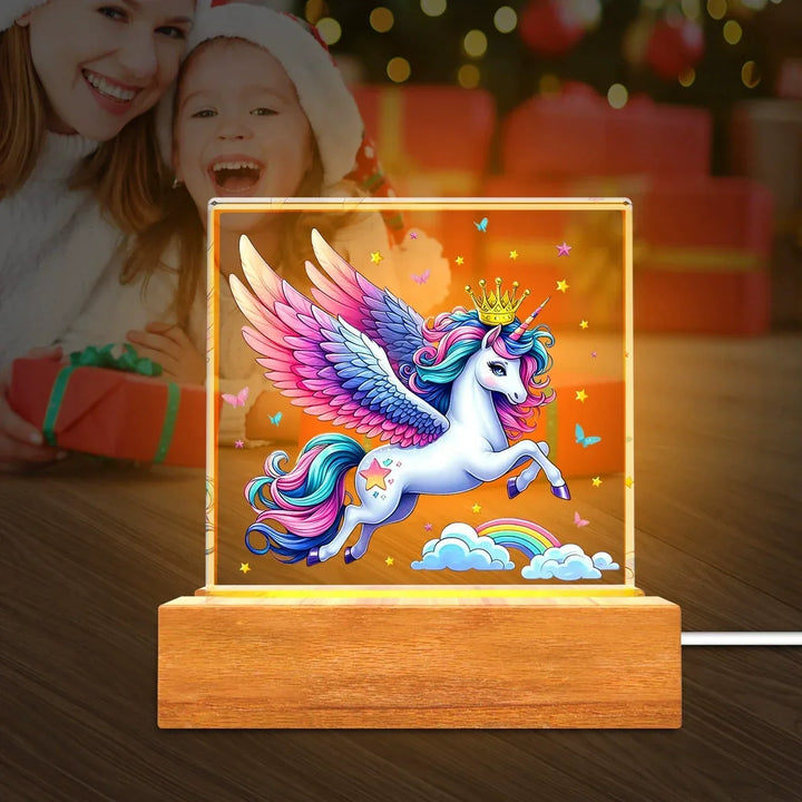 Lampa nocna z akrylowym panelem na solidnej drewnianej podstawie – kreatywny prezent dla dzieci, lampa stołowa USB
