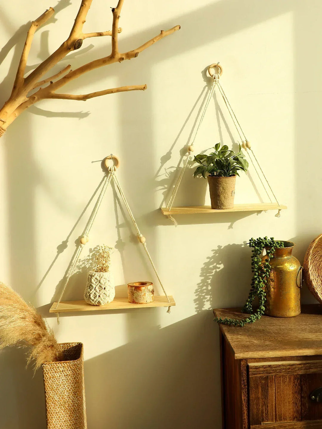 Półka ścienna – Drewno – Półki wiszące – Boho dekoracja wnętrz – Dekoracja pokoju
