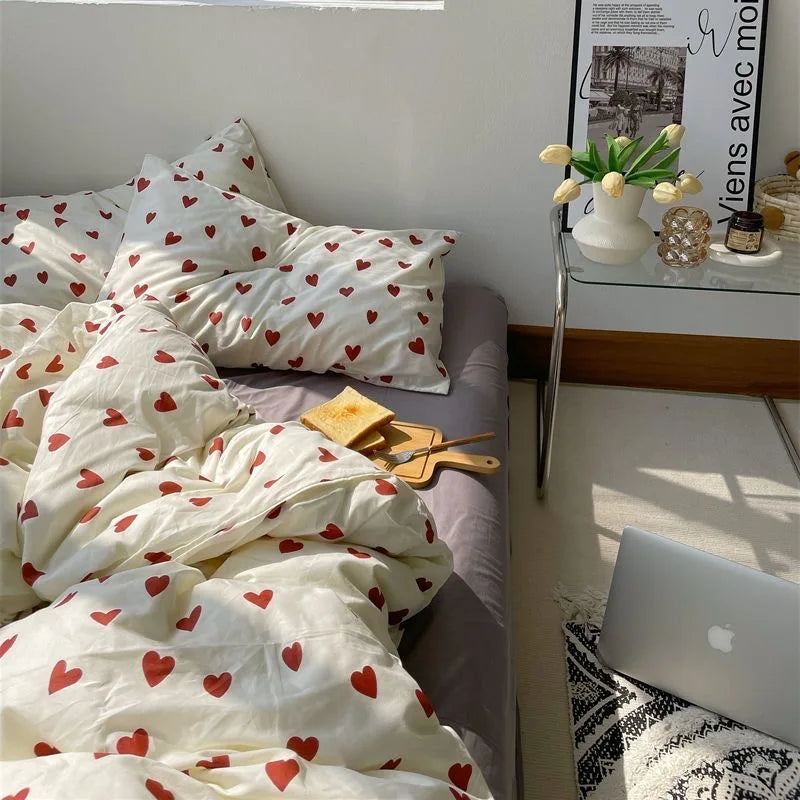 CozyLove | Zestaw poszewek na kołdry Twin, Full i Queen – Miękka pościel w stylu koreańskim z motywem serca