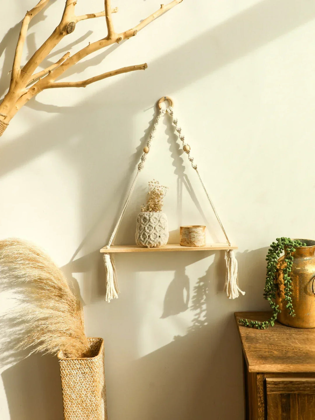 Półka ścienna – Drewno – Półki wiszące – Boho dekoracja wnętrz – Dekoracja pokoju