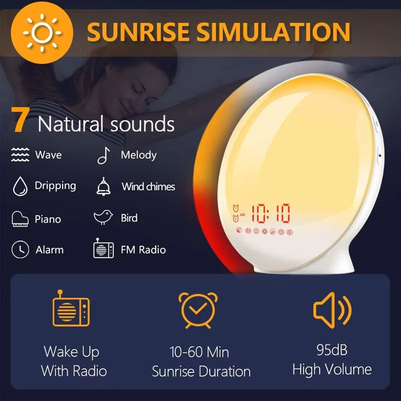 Symulacja Wschodu Słońca Zegar Budzik z Nocną Lampką i Radiem FM