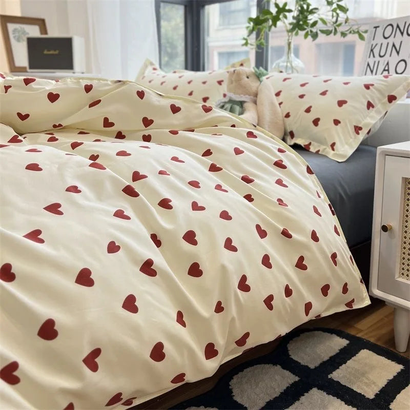 CozyLove | Zestaw poszewek na kołdry Twin, Full i Queen – Miękka pościel w stylu koreańskim z motywem serca