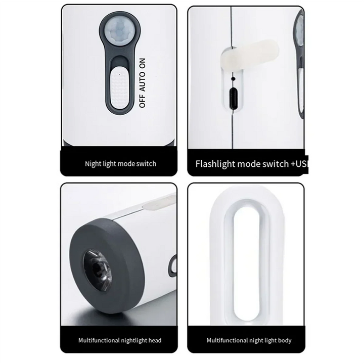 Lampka nocna LED z czujnikiem ruchu | 2 w 1 lampka nocna i latarka | Ładowalna i awaryjna lampka | Czujnik zmierzchu