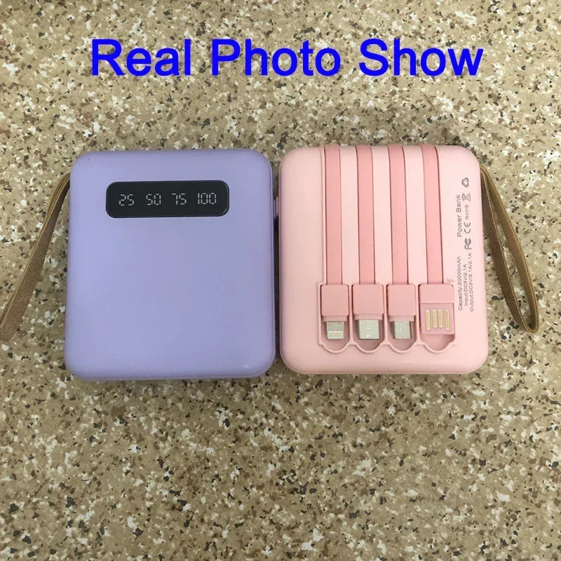 Mini Powerbank z Lustrzanym Wyświetlaczem | 20 000 mAh | Funkcja Szybkiego Ładowania i Zintegrowane Kable | Dla iPhone, Samsung, Xiaomi i innych