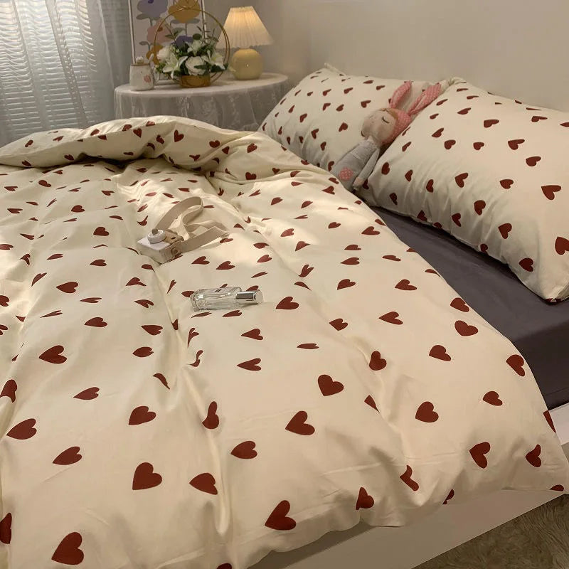 CozyLove | Zestaw poszewek na kołdry Twin, Full i Queen – Miękka pościel w stylu koreańskim z motywem serca