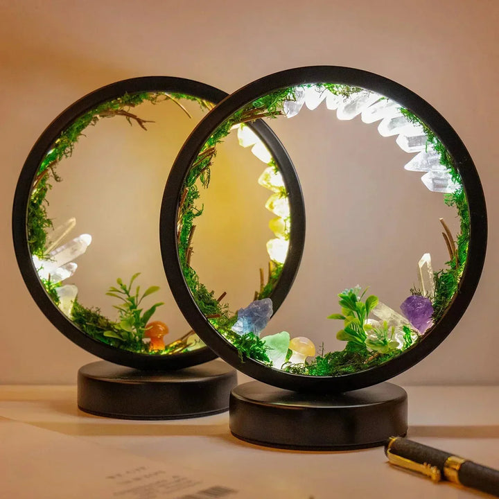 Elegancka lampa nocna - Okrągła rama - Zielone kryształy - Stylowa dekoracja