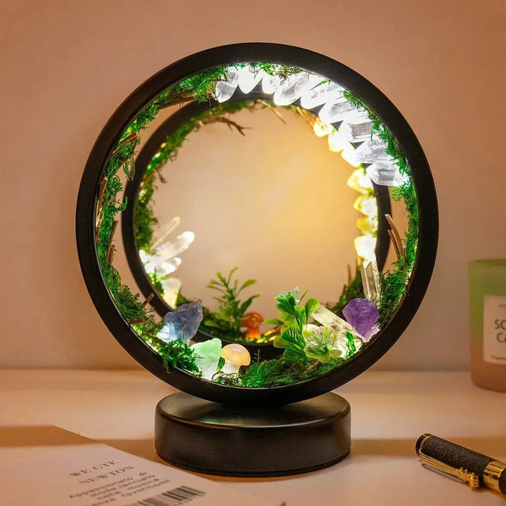 Elegancka lampa nocna - Okrągła rama - Zielone kryształy - Stylowa dekoracja