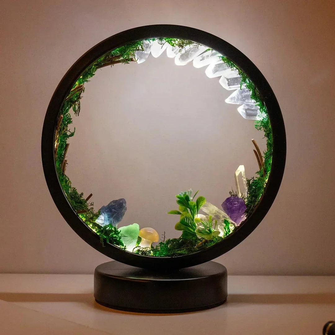 Elegancka lampa nocna - Okrągła rama - Zielone kryształy - Stylowa dekoracja